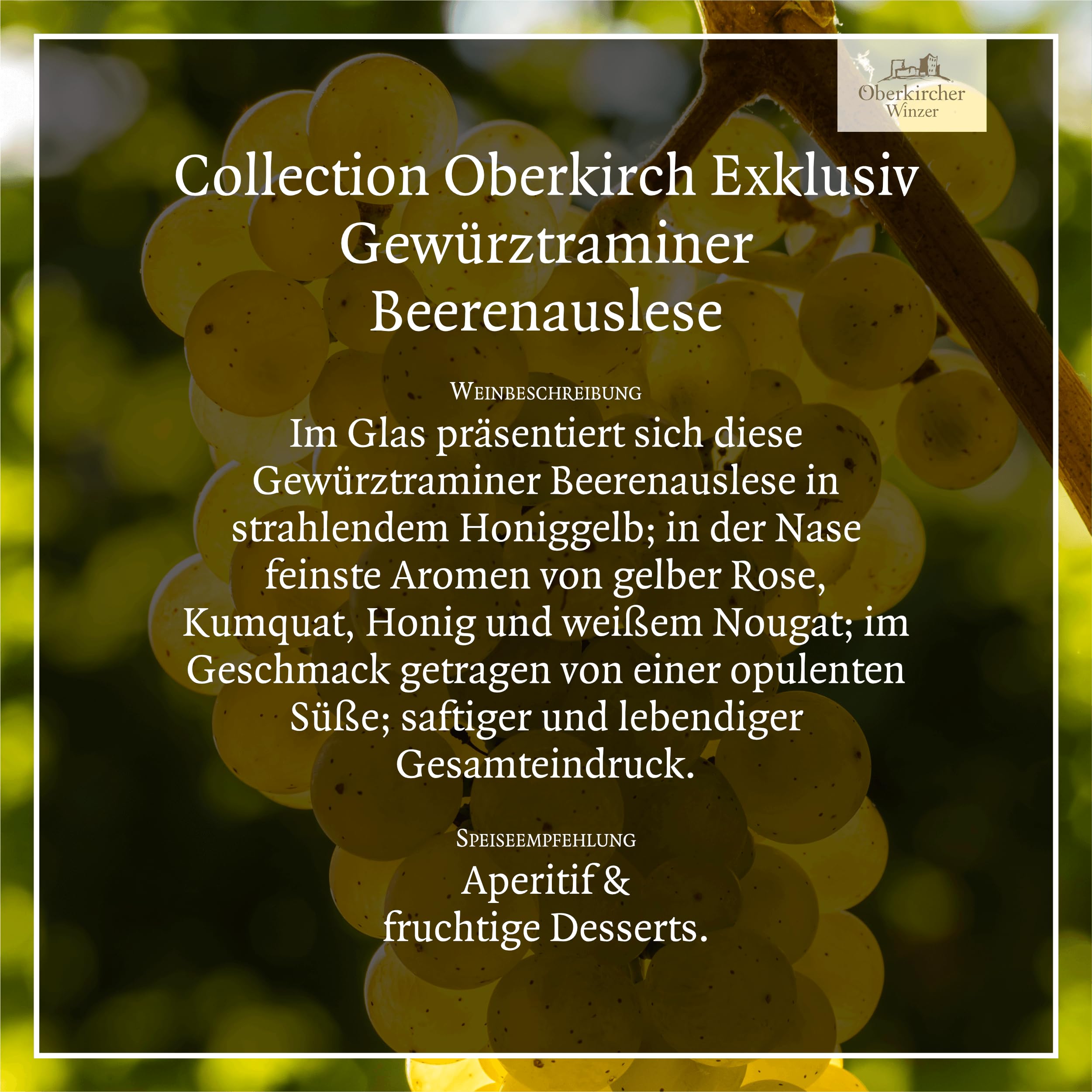 Oberkircher Winzer Gewürztraminer Beerenauslese - GOLD AWC Vienna - COLLECTION OBERKIRCH Exklusiv - ausgeprägte Fruchtsüße & viel Opulenz, Badischer Wein, Anbaugebiet Ortenau (1 x 0,375l)