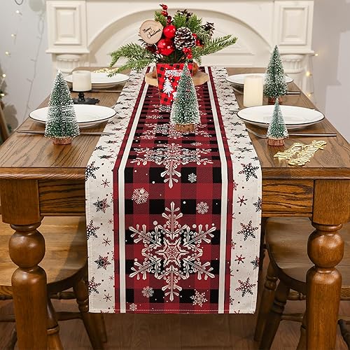Vista 2 de Siilues Christmas Table Runner, Buffalo Plaid Christmas Decorations Snowflake Christmas Runner for Table Seasonal Winter Holiday Decor for Dining