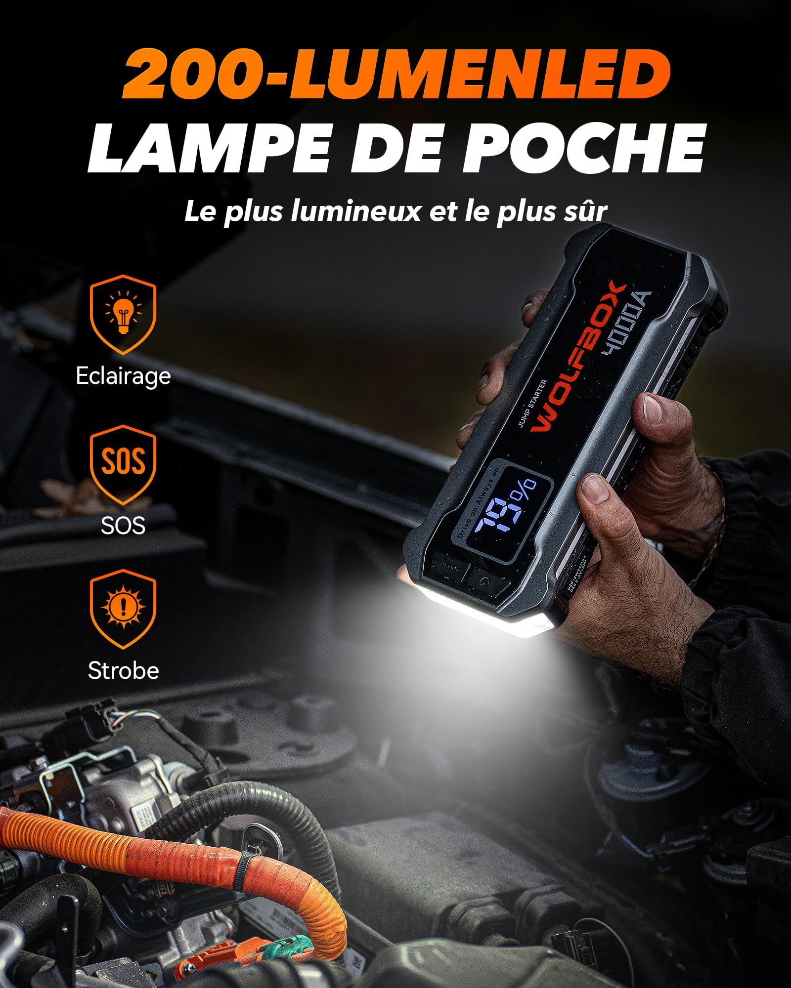 WOLFBOX Booster Batterie Voiture 4000A, Démarreur de Batterie Portable 24000mAh (Moteur Essence 10L et Diesel 10L), 12V Jump Starter avec Chargeur Rapide 65W, Écran LCD, lumière LED
