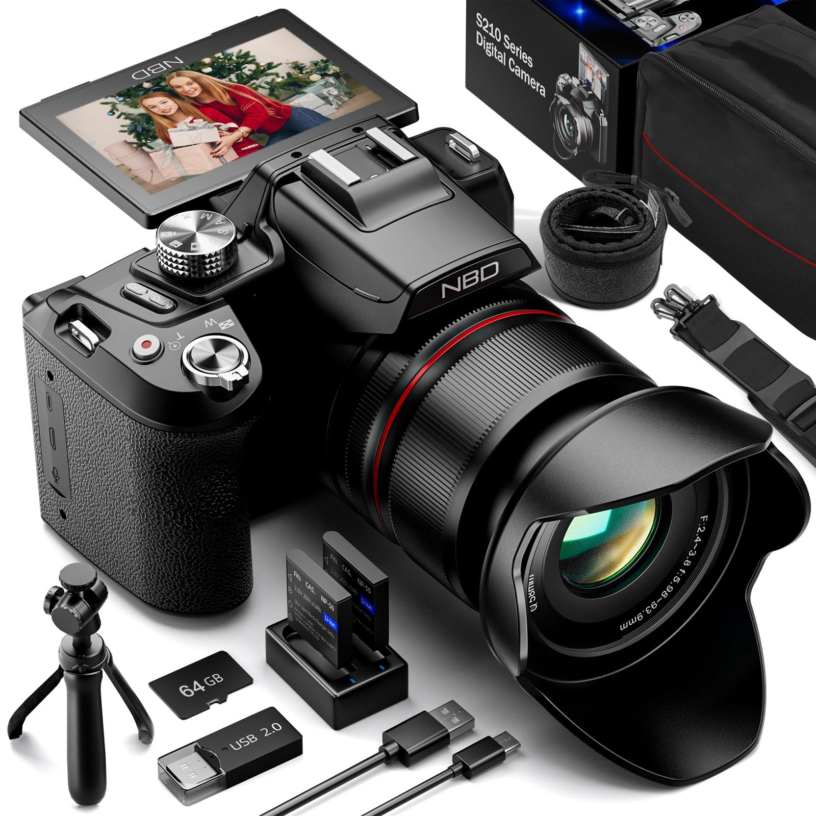 NBD 8K Digitalkamera 64MP mit 16X Optischem Zoom & Hot Shoe, 3" 180° Drehdisplay, Wi-Fi, v. 64GB TF-Karte + Wartungskit (Schwarz)