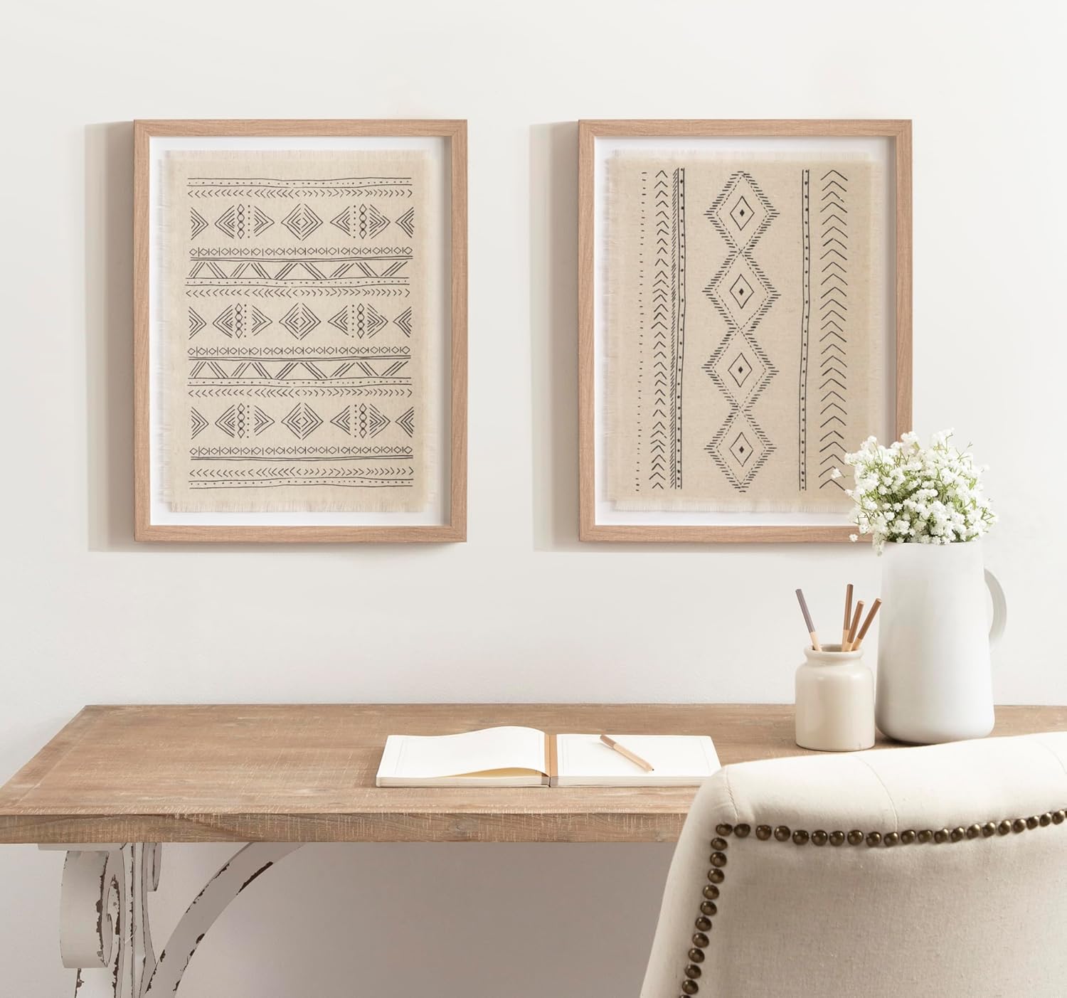 Kate and Laurel Samori Transitional Two-Piece Framed Textile Art Set, 16 x 20, Natural, Modern Printed Linen Shadow Box for Use as Gallery Wall Decor or Tribal Wall Art Set