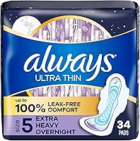 Always Ultra Thin Size 5 Overnight Pads with Wings - Extra Heavy Absorbency, 100% Leak-Free Comfort, Unscented 34 Ct