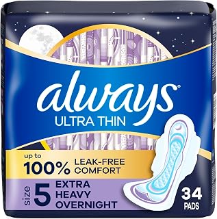 Always Ultra Thin Size 5 Overnight Pads with Wings - Extra Heavy Absorbency, 100% Leak-Free Comfort, Unscented 34 Ct