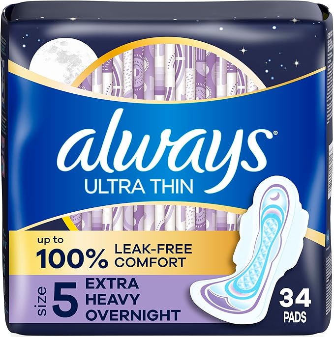 Always Ultra Thin Feminine Pads with Wings for Women, Size 5, Extra Heavy Overnight Absorbency, Unscented, Up to 100% Leak-Free Comfort, 34 Count
