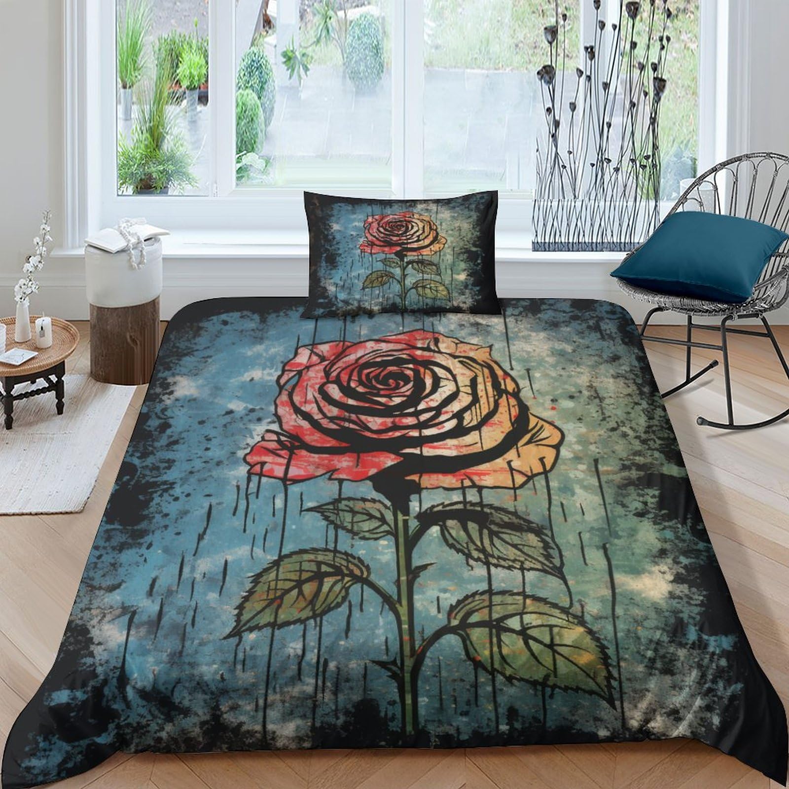 Housse de couette roses anciennes imprimé 3D pour chambre adulte et enfant rustique