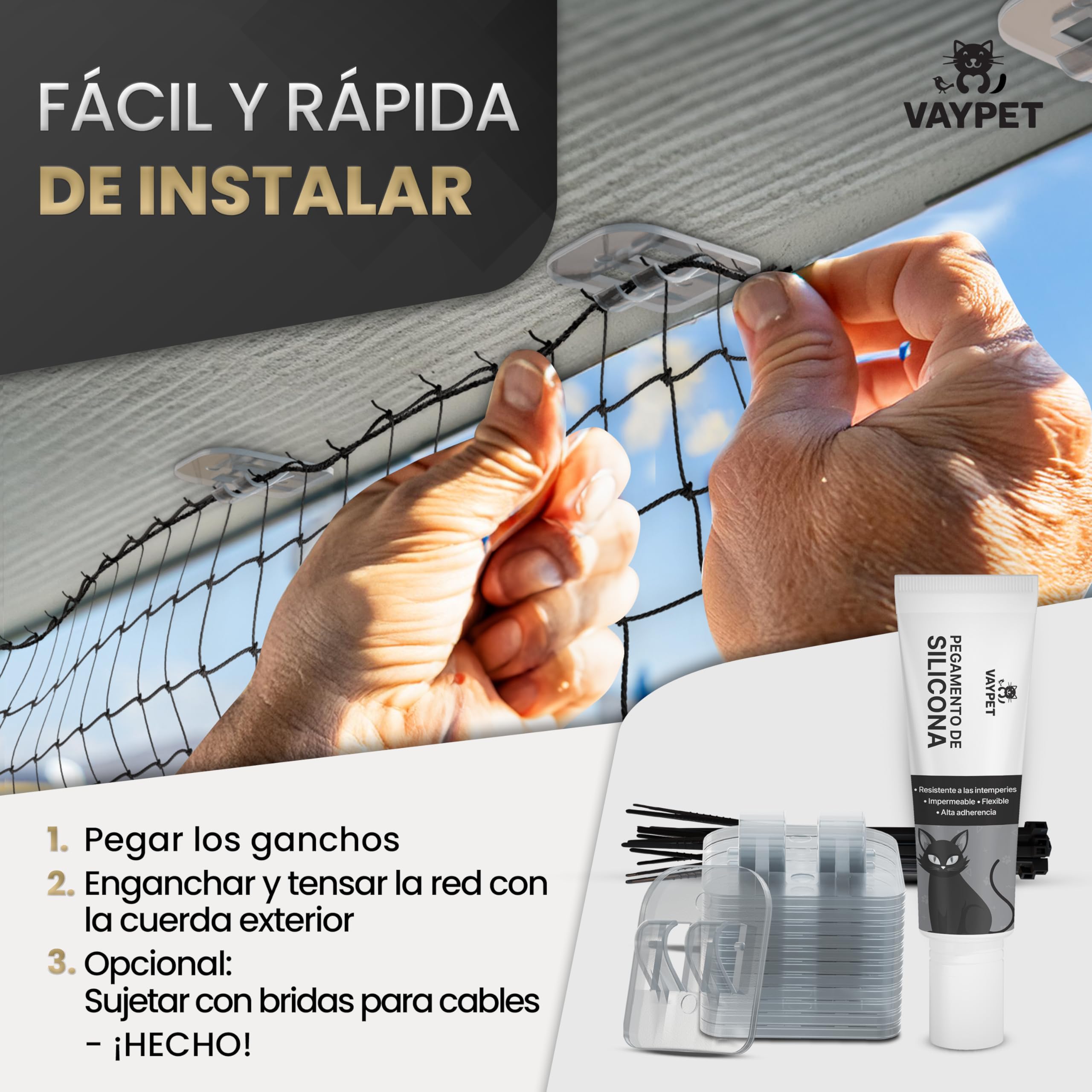 VAYPET® Red para Gatos Terraza sin Taladro [6x3m] - Red Reforzada | Incluye Ganchos + Pegamento Silicona | Red reforzada con Alambre | Protección Gatos para Terraza, Balcón