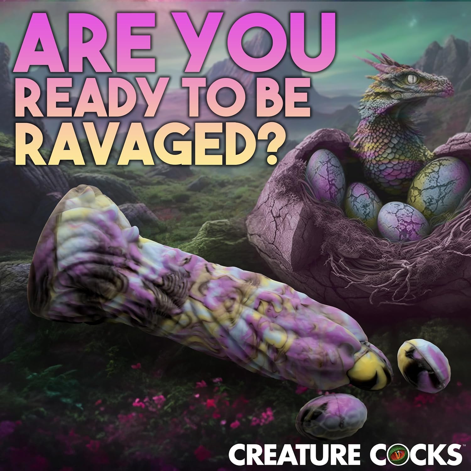 CREATURE COCKS Dragon Spawn Dragon Ovipositor Silicone Dildo with Eggs for Men, Women, & Couples. Fantasy Dildo & Harness Compatible. Premium Silicone and Ovipositor Eggs. 1 Piece, Pink & Yellow.