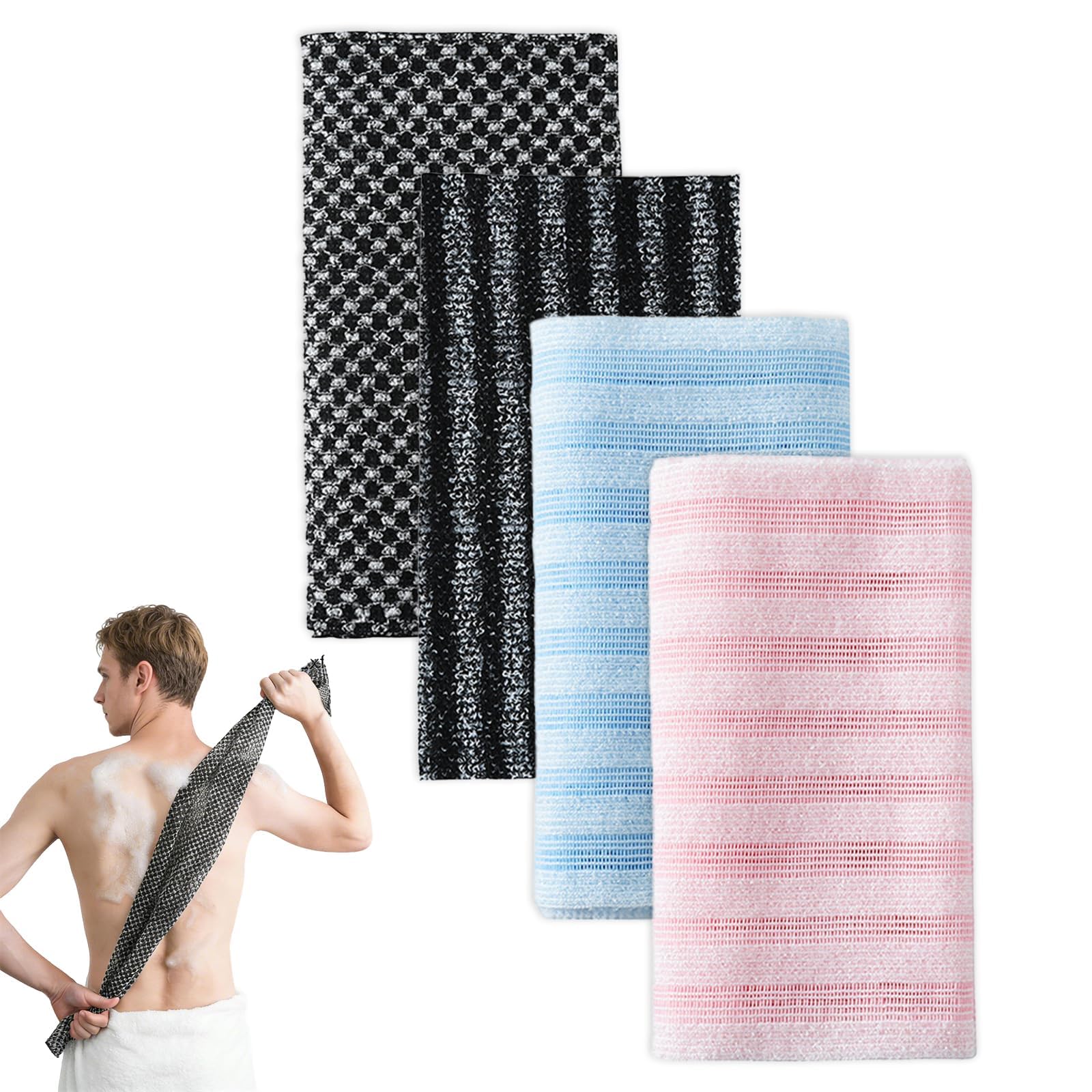 Zestaw 4 ręczników kąpielowych do peelingu, 100 x 25 cm, bardzo długa gąbka siatkowa o dwustronnej teksturze, ściereczka do peelingu ciała z jonami srebra, szorująca do pleców, rękawica prysznicowa