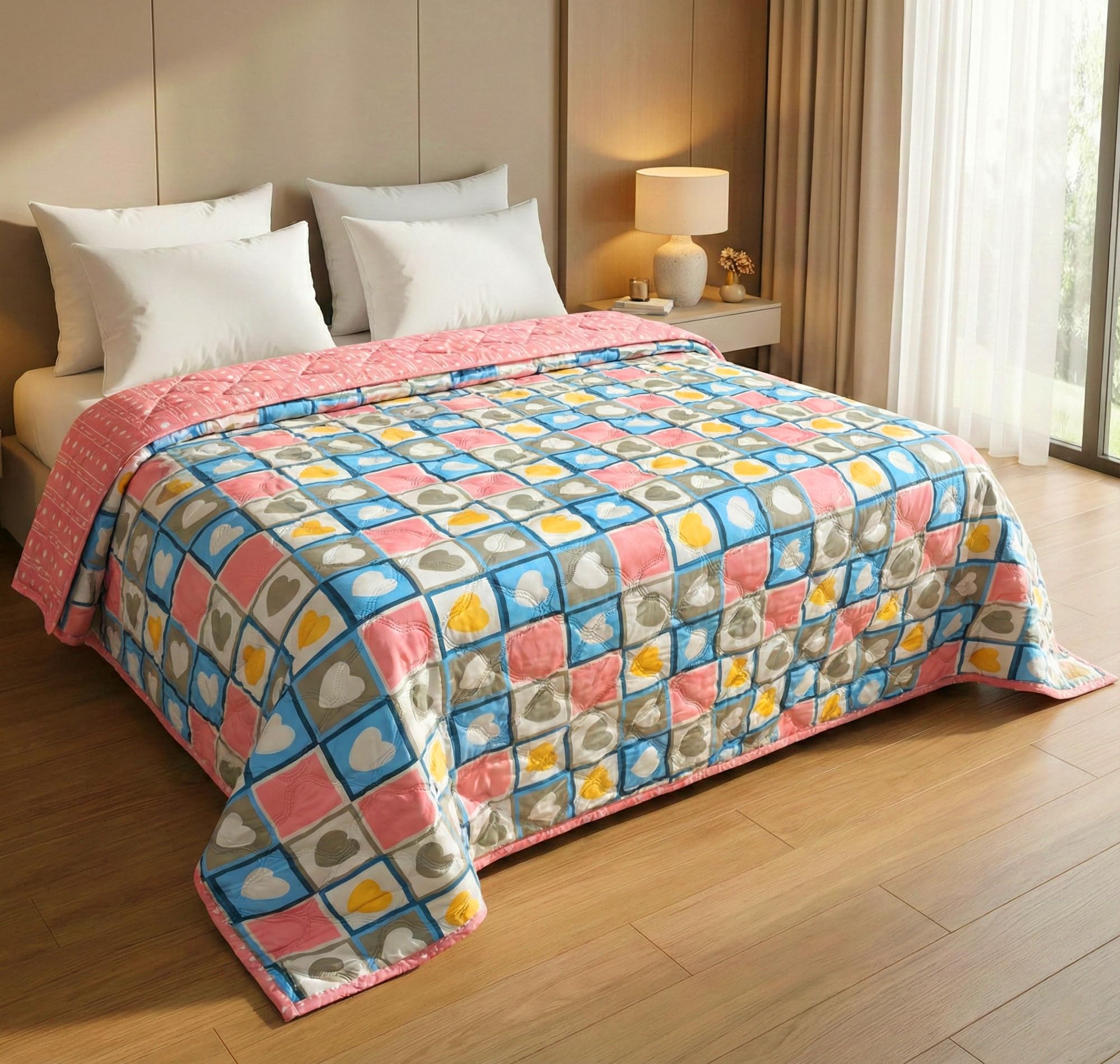 BSB HOME Ultrasonic Quilted AC Comforter 220 GSM|Premium Microfiber Reversible All Season Blanket for Double Bed | Ultra Soft Lightweight Quilt Duvet | 225 x 220 cm (Pink & Blue)