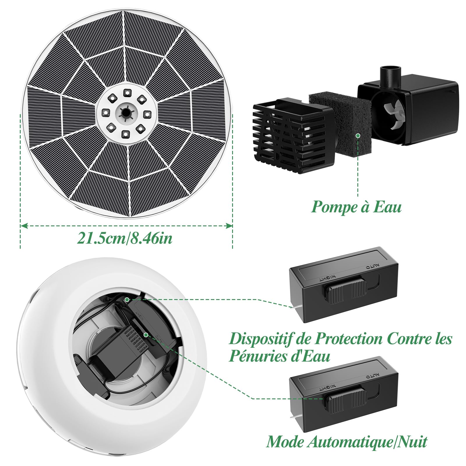AISITIN Fontaine Solaire LED 6,5 W avec Télécommande