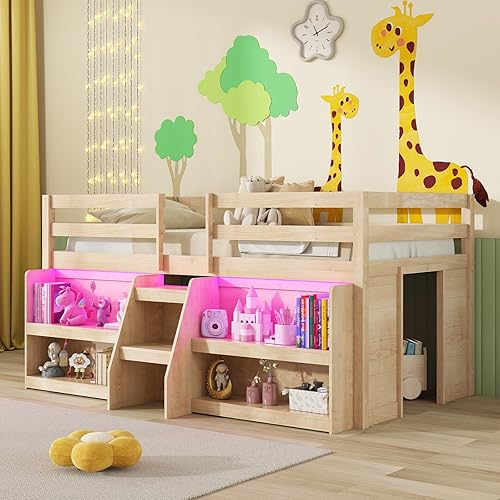 Giantex Low Loft Bed with LED Lights, Wooden Twin Loft Bed with Stairs & Safety Guardrail, Loft Bed Twin Size with Storage Bookcase and Under-Bed Play Space, Loft Bed for Kids (Natural)