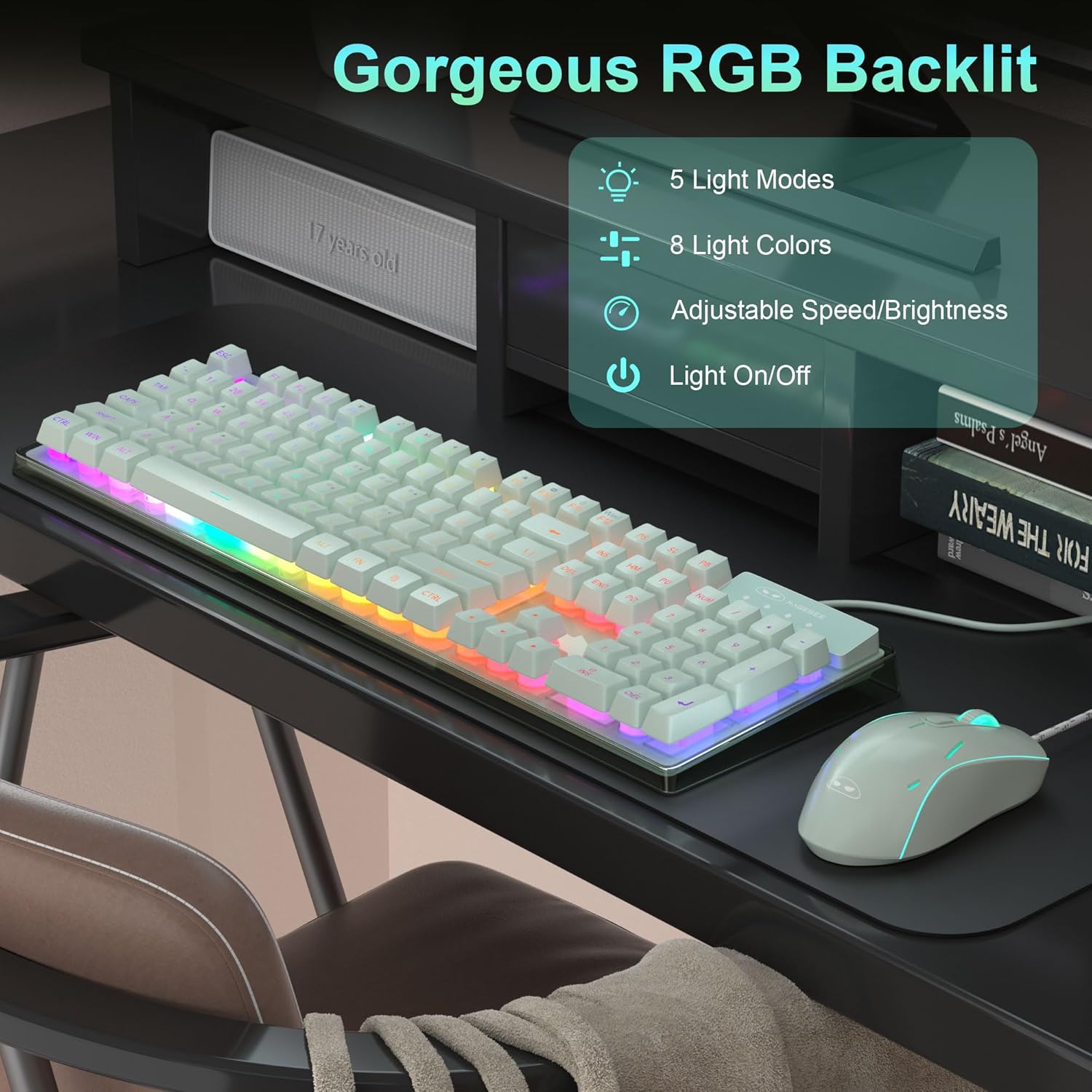 Camiysn K1 Keyboard and Mouse Combo on a desk with RGB backlighting active