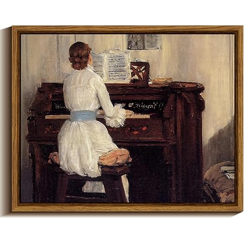 VIYYIEA Framed Canvas Wall Art Home Decor Gifts Mid Century Lady Playing Piano Classical Painting Vintage Canvas Prints Wall Decor for Bedroom Bathroom Decor Retro Portrait Art