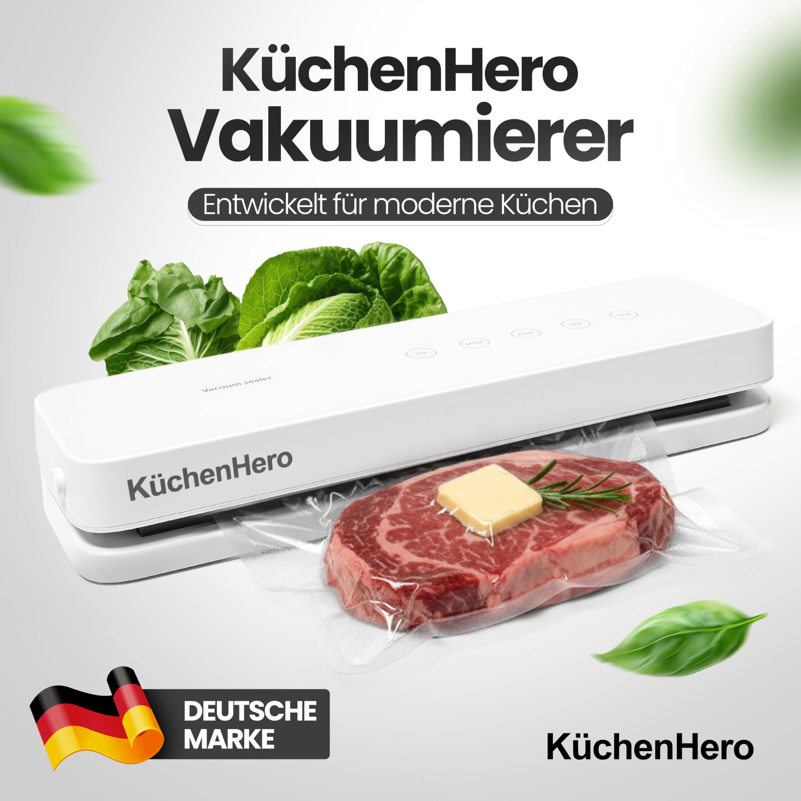 Vakuumierer mit Glasoberfläche & Touch – Premium Vakuumiergerät Weiß – Inkl. 10 Beutel & Schlauch – 5 Modi (Dry/Moist/Pulse) – Leises Folienschweißgerät für Sous Vide & Lebensmittel
