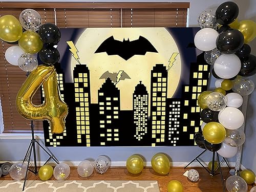 Miniatura 2 de Telón de fondo de fotografía de ciudad de superhéroes, fondo de temática de murciélago de luna completa, fondo temático de paisaje urbano, baby