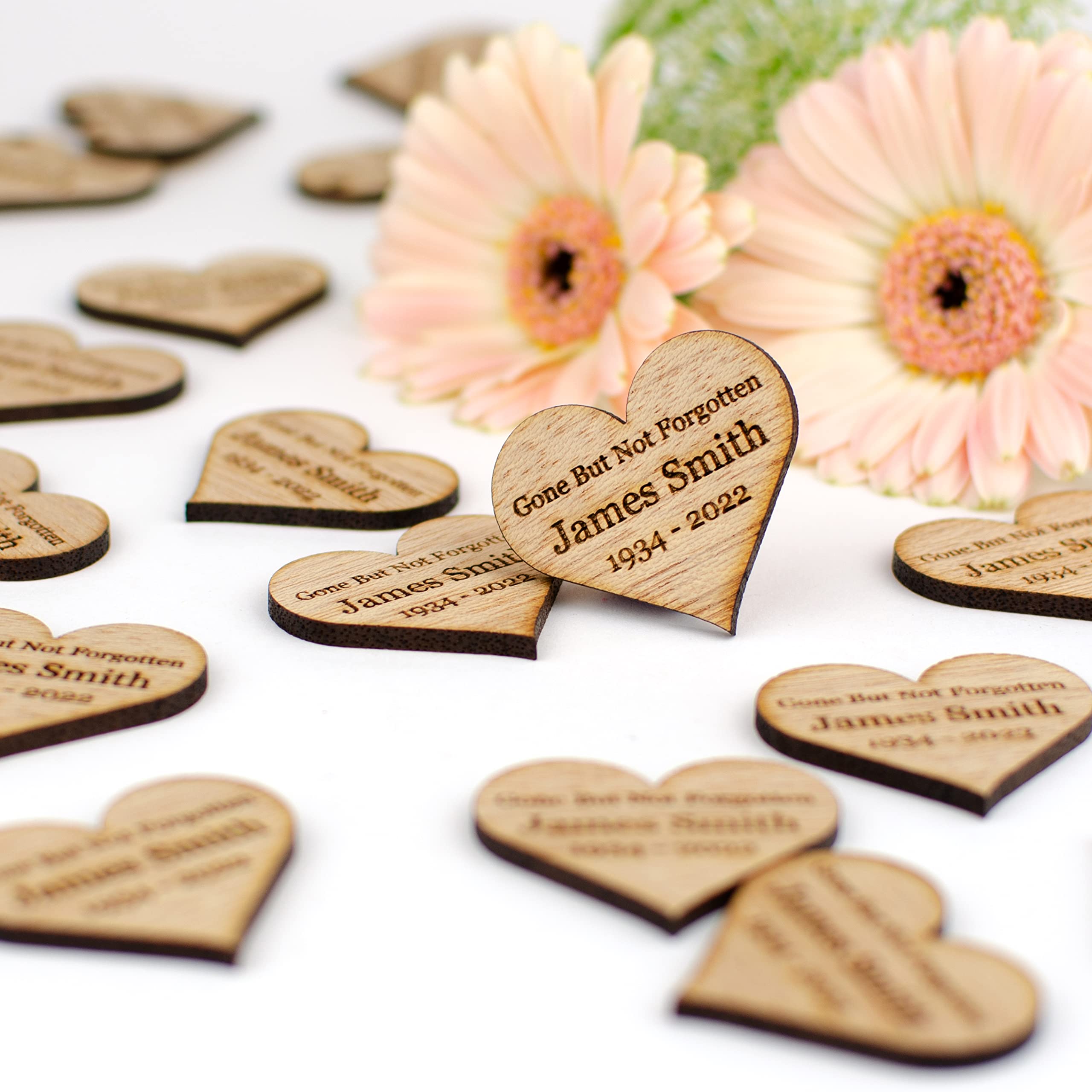 Rustic Charm Funeral Favours, Personalised 4cm Wooden Heart Decorations for Celebration of Life, Memorial, In Loving Memory, Remembrance. Genuine Hardwood, With or Without a Hole. (140)