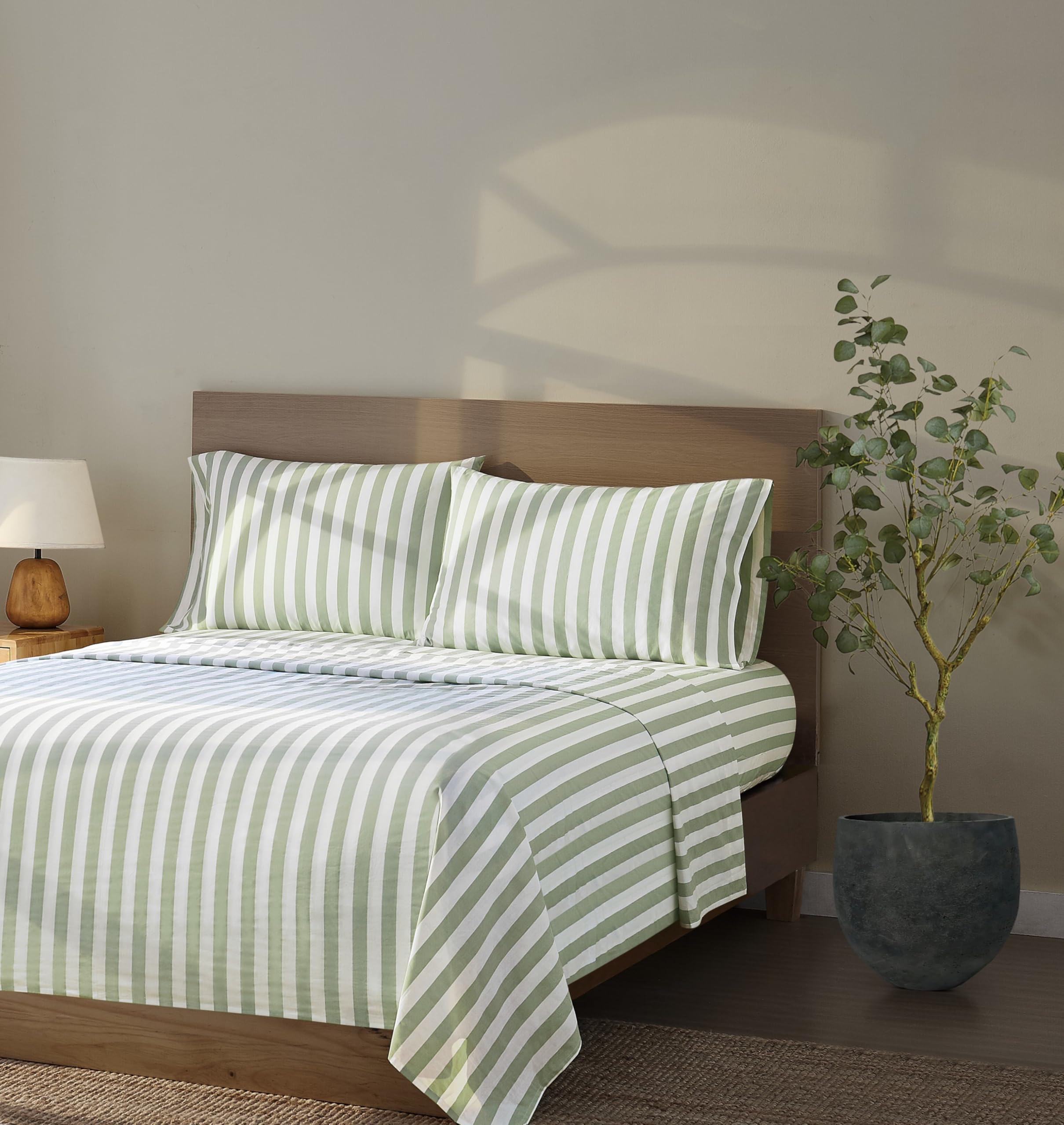 Brooklyn Loom Levi Stripe White/Sage Green Queen 4 Piece Sheet Set