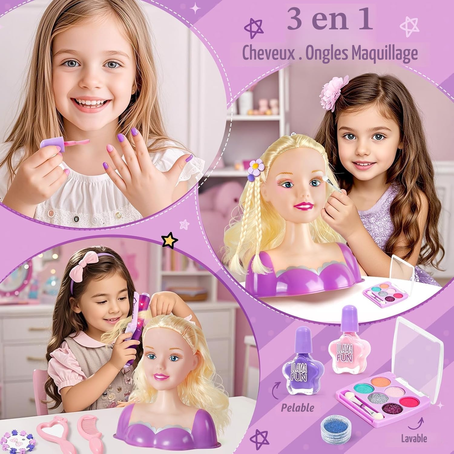 Tête à Coiffer Maquillage Jouet Fille 4-8 Ans Poupée Accessoires Coiffure Salon Sèche Cheveux Cadeau Anniversaire