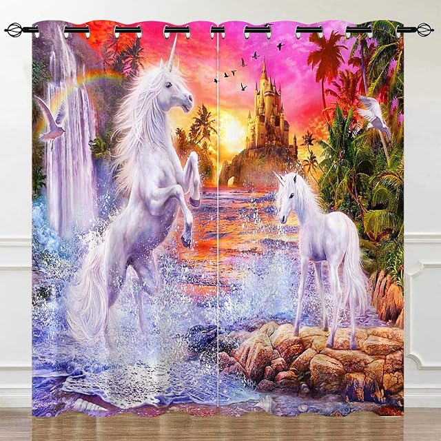 YUANZU Unicorn Curtains for Girls Bedroom, Tropical Beach Palm Tree Castle Birds Rainbow Art Pattern Microfiber Blackout Fabric Eyelet Window Drapes for Kids W117cm (46") x D137cm (54") 2 Panels