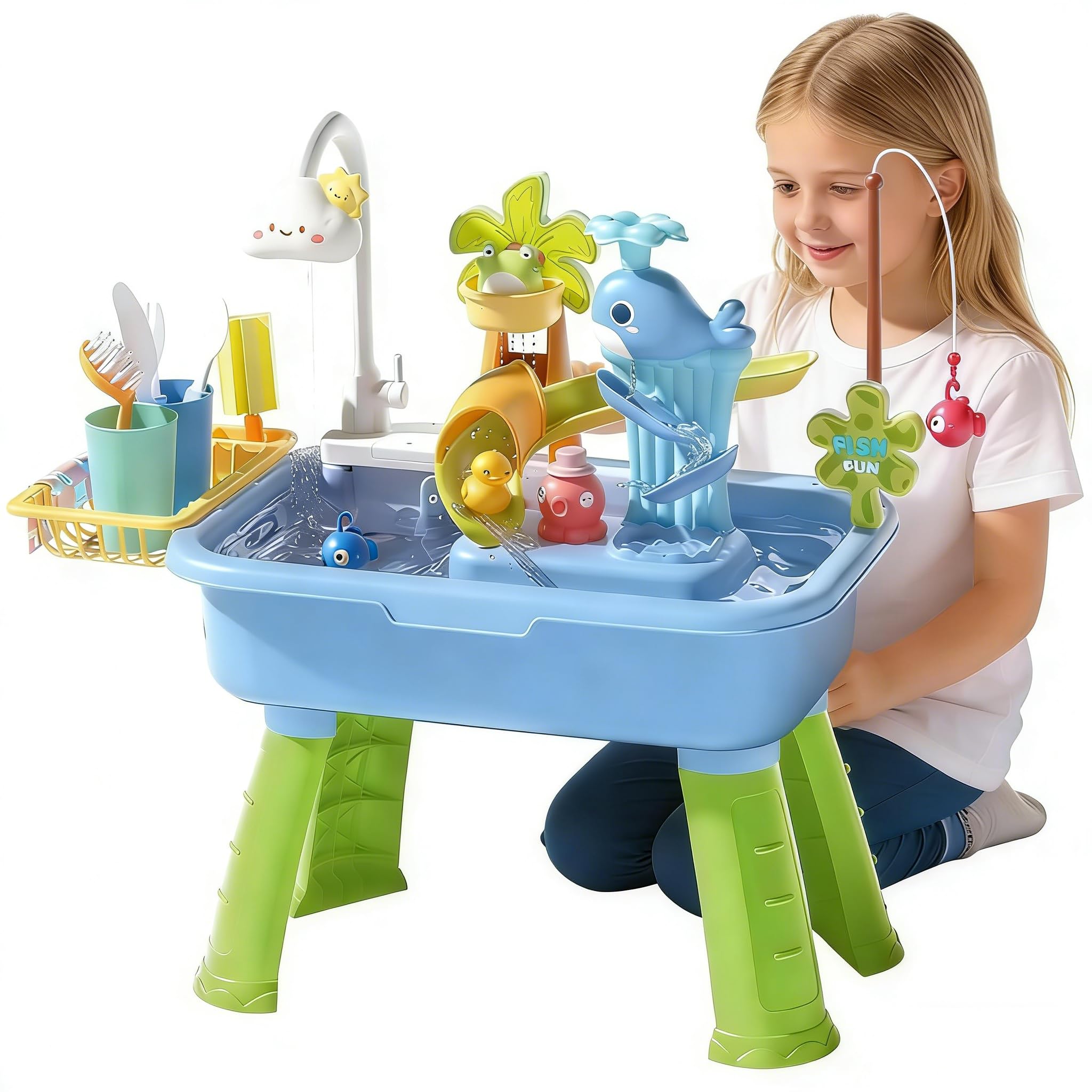 43pcs Water Table for Children Kids Water Play Table for Outdoor Garden Play Sink with Running Water, 180° Faucet