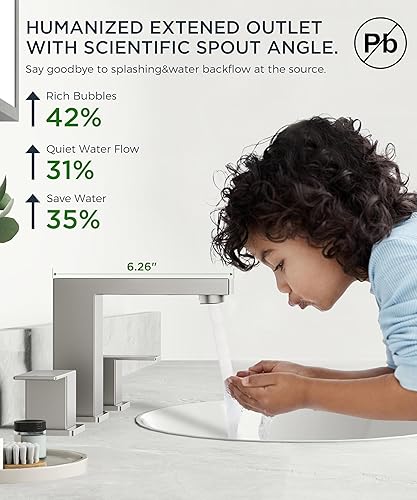Miniatura 7 de FORIOUS Grifos de baño de níquel cepillado de 3 agujeros, acero inoxidable 2 manijas cuadradas de 8 pulgadas, grifo de fregadero de baño