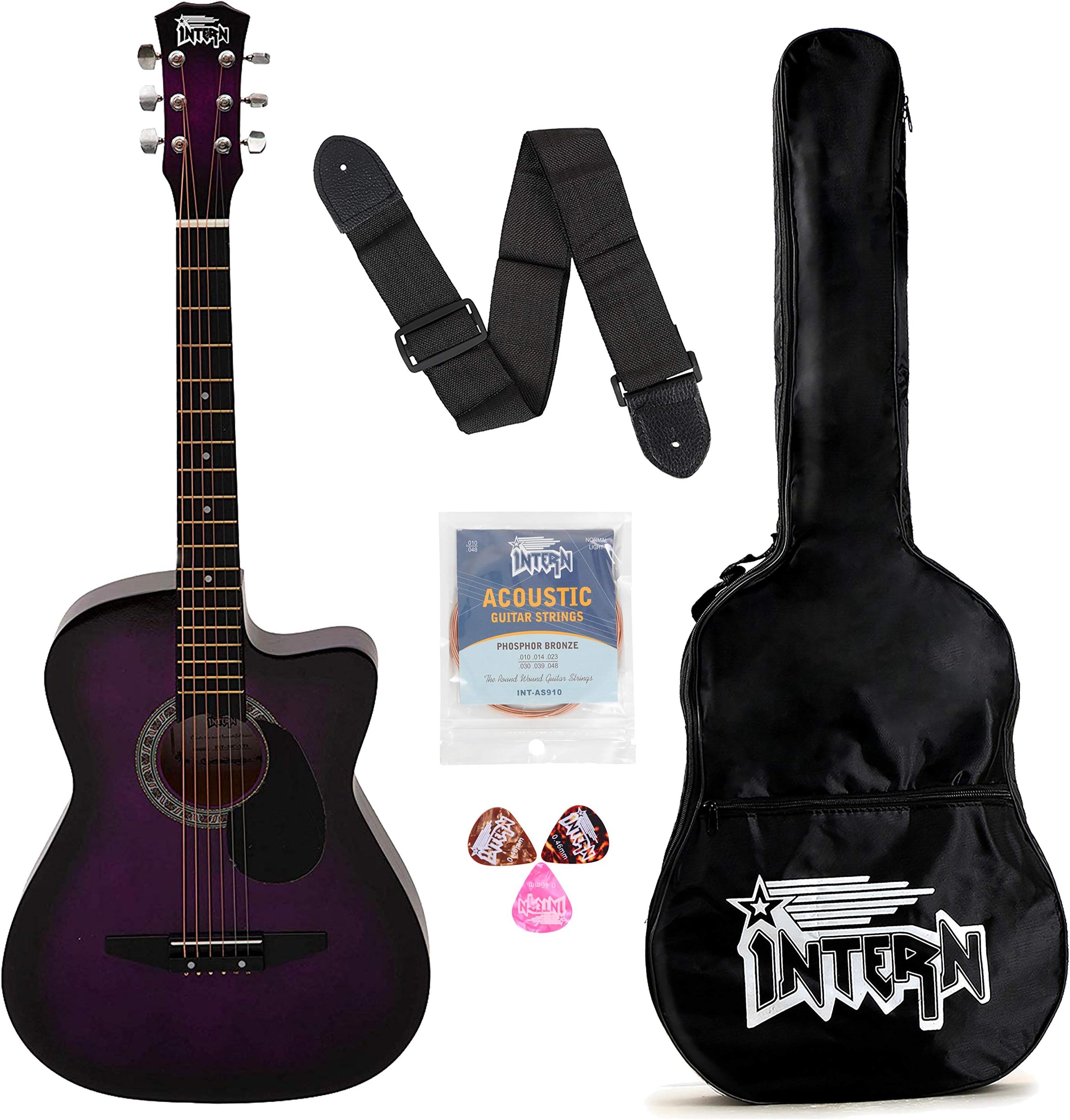 InternINT-38C-VT-G 38 Incheses Cutaway Right HAnded lindenwood Acoustic Guitar Kit, With Bag, Strings, Pick And Strap (Violet, 6-Strings)