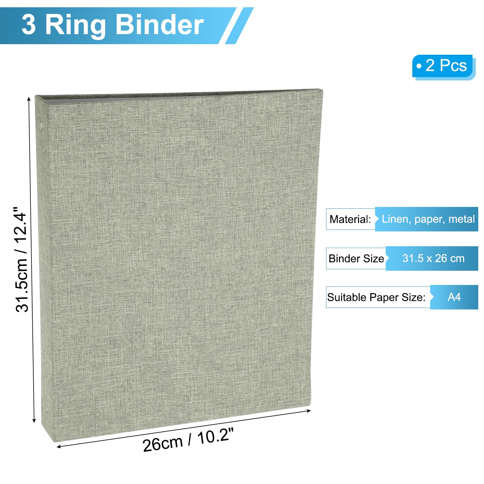 PATIKIL A4 Size 3 Ring Binder,2Pcs 1 Inch Round Ring Durable Linen Hardcover Binder Fit for 8.5" x 11" Paper Recipe Photo Office, Grey - Image 2