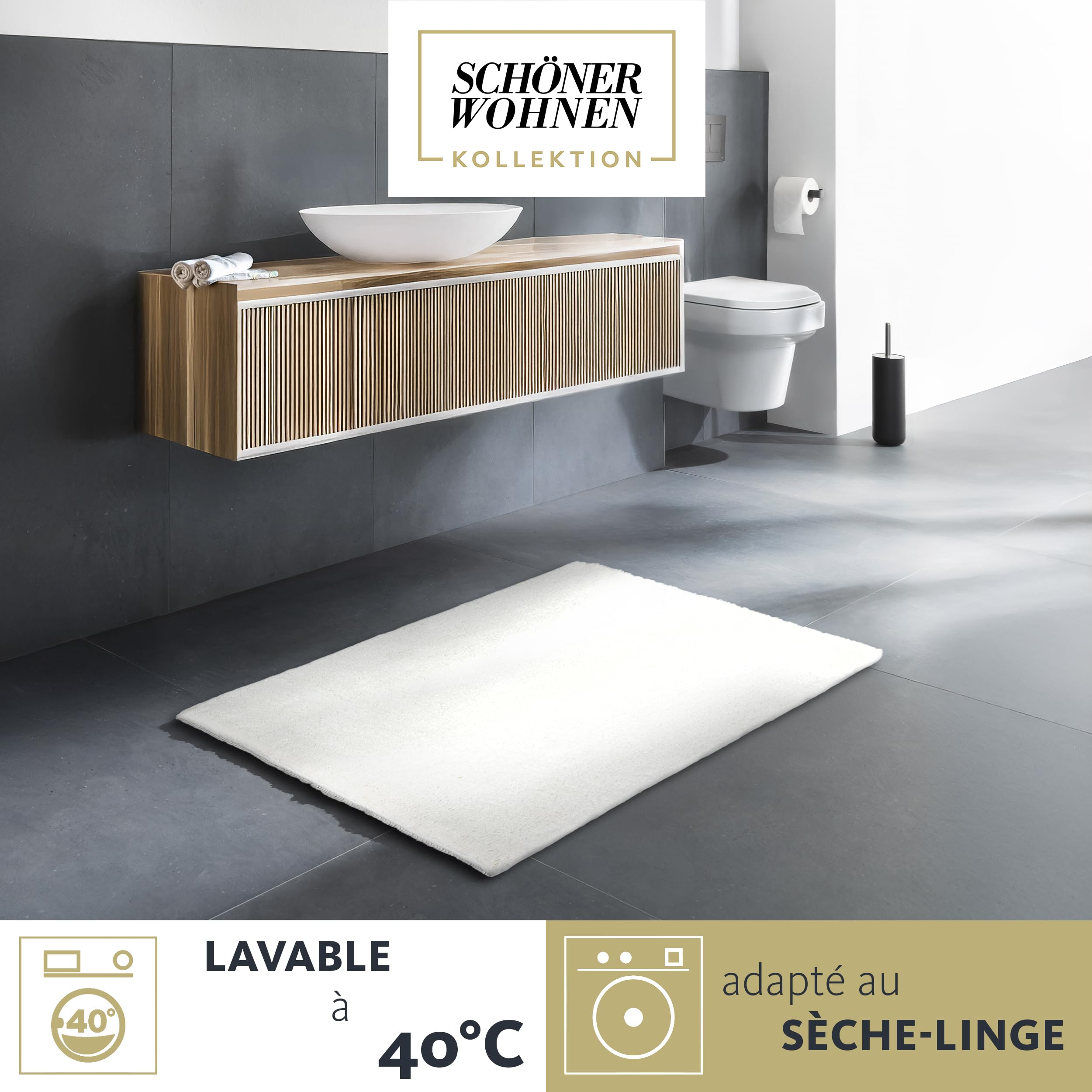 Collection Schöner Wohnen Tapis de Bain 40 x 60 cm - réversible - Lavable - 100% Coton - Coloris uni - crème