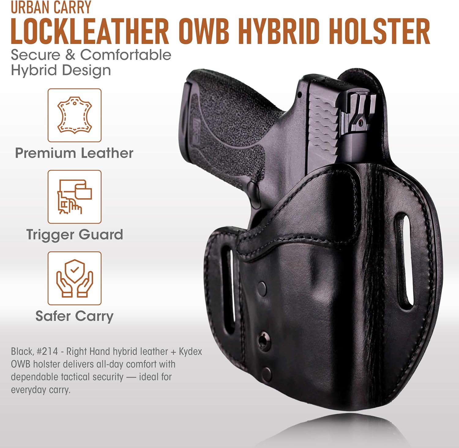 Urban Carry LockLeather OWB Holster | Leather & Kydex Concealed Carry Gun Holster for Men – Secure Slide-Lock System – Compatible with a Wide Range of Firearms – Black, #214 - Right Hand