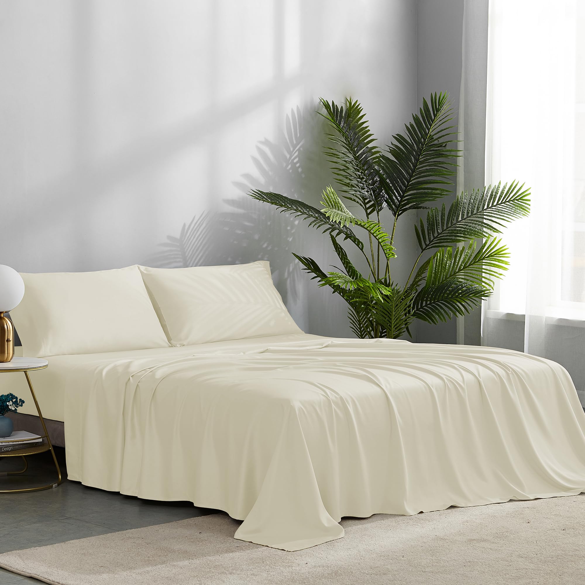 NATUREFIELD Bed Sheets Set Queen Size (4pc), Rayon Derived from Bamboo, Cooling Sheets with Fitted Deep Pockets, Hotel Luxury Bedding Sheets & Pillowcases