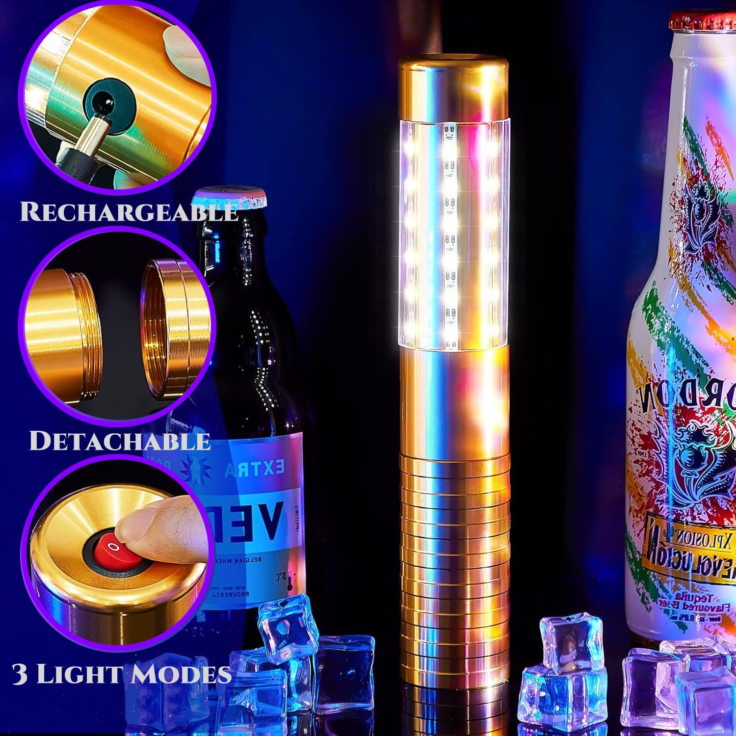 LED-Stroboskoplicht, 4 Stück, Stroboskoplicht, Champagnerlicht, wiederaufladbar, für Bühne, Disco, Hochzeit, Party, Konzert, Eventbar, Gold