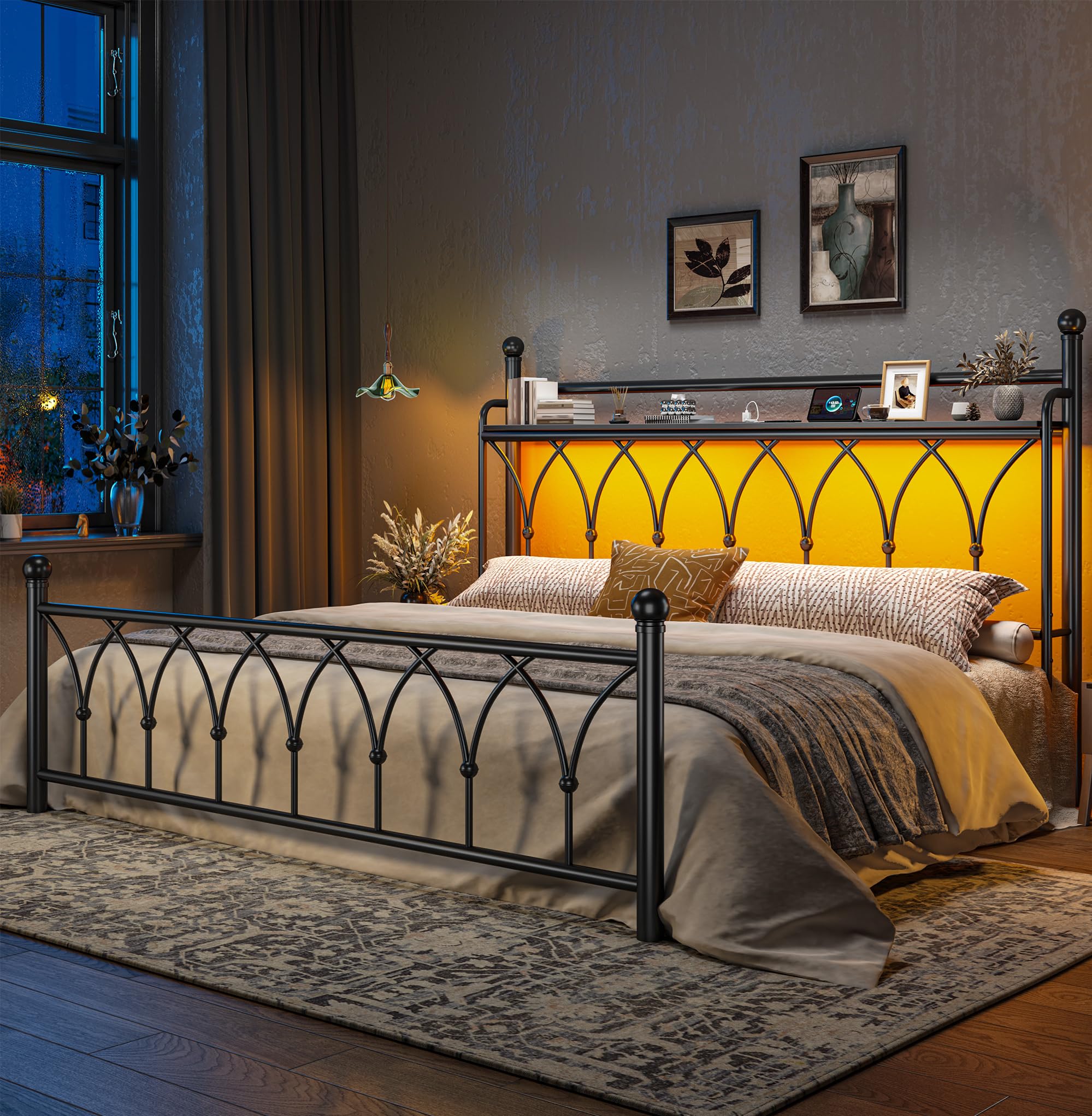 EnHomee 54 King Bed Frame with Tall Storage Headboard Metal King Size Bed Frame with LED Lights and