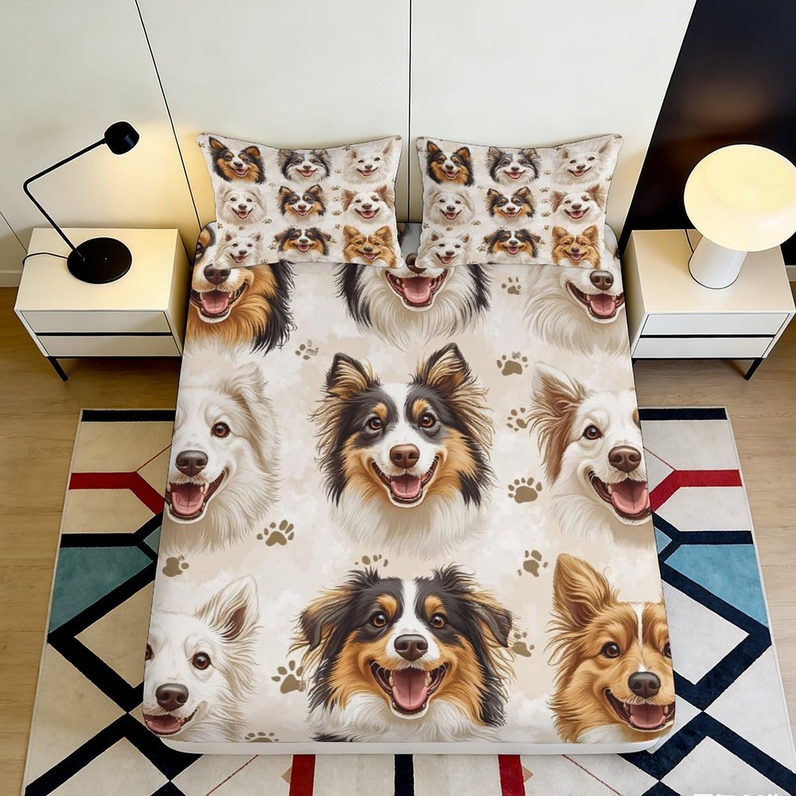 3D Printed Cartoon Dog Pattern Fitted Sheet Microfiber Soft Anti-Slip Animal Paw Bed Cover for Bedroom Dorm Room Mattress Protector 90x200x25cm