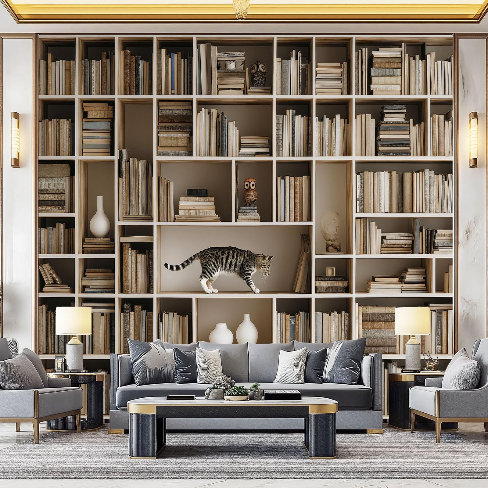 Vlies Fototapete Bücherregal Bücher Tiere Katzen Wohnzimmer Schlafzimmer, Moderner Minimalismus Wandbilder Wand Dekoration Geruchsneutral Vliestapete Wandtapete Poster Für Kindertapete, 350 x 256 cm