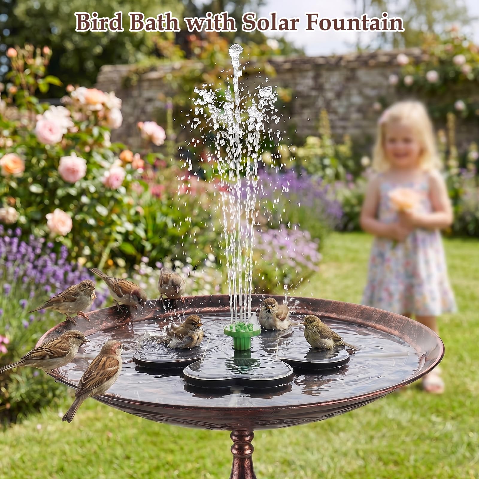 Vogelbad mit Solarbrunnen Outdoor Polyresin, 33 cm Schale 67 cm Höhe, Bronze Antik Kleeblatt Solarpanel, 7 Düsen 4 Stabilisierungsstangen, Garten Wildvögel Terrasse Rasen, sonnenbetrieben