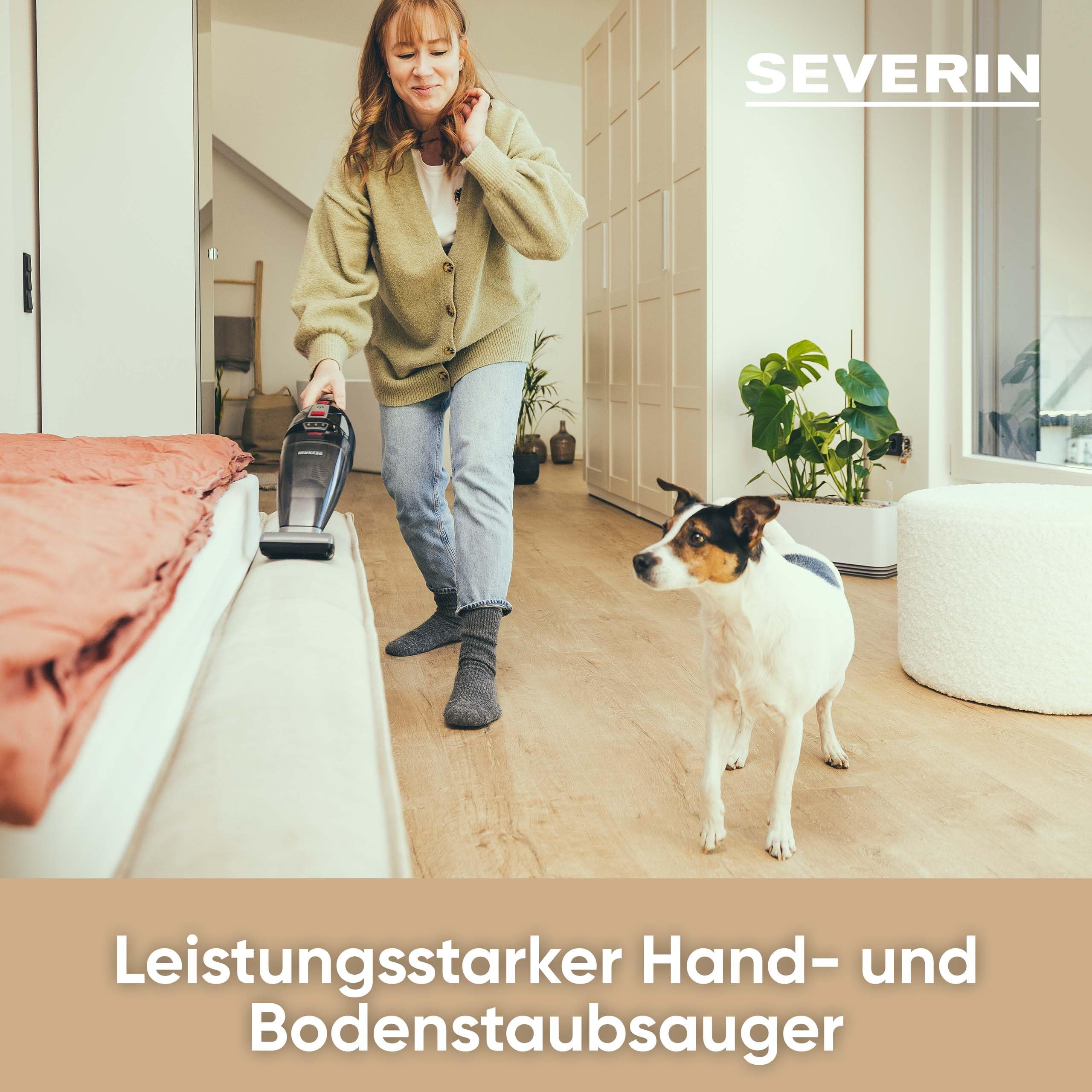 SEVERIN Akku Handstaubsauger kabellos, 18,5 V, 50 Min Laufzeit, Nass- und Trockensauger mit LED-Akku, rotierender Turbobürste und Tragetasche, für Auto, Camping und Tierhaare, HV 7147
