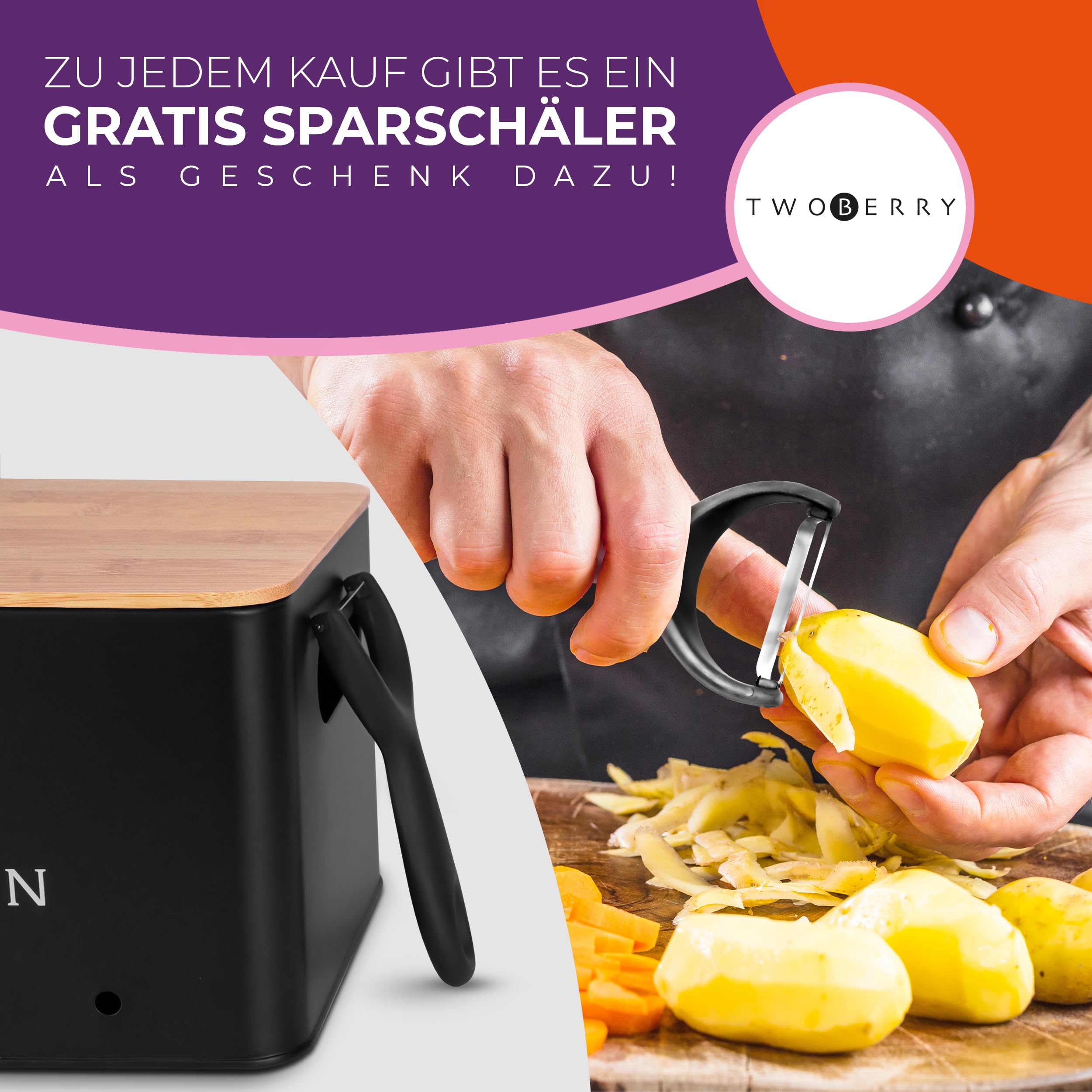TWOBERRY Kartoffel Aufbewahrungsbox (3er Set) inkl. Sparschäler- längere Haltbarkeit durch Luftzirkulation-ideale Zwiebel Aufbewahrung Kartoffel Aufbewahrung Eckig (Schwarz)