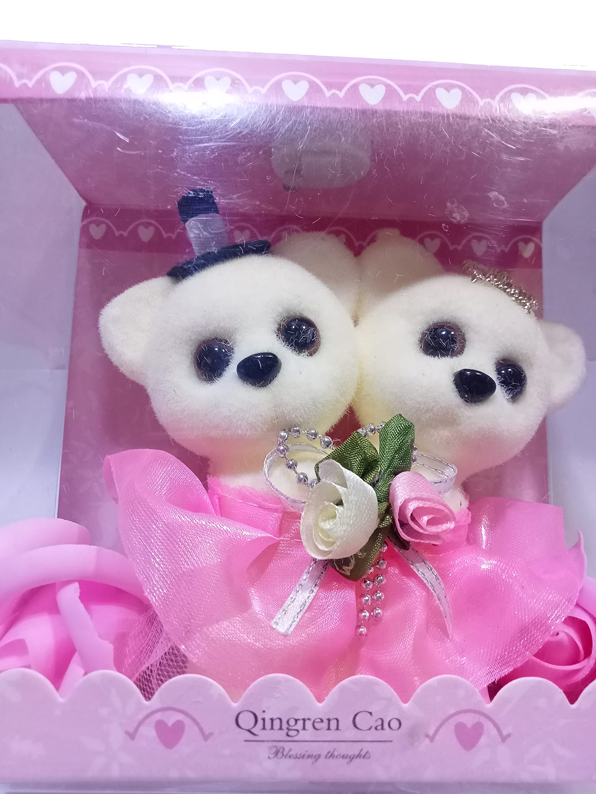 SINAYA Gift Couple Teddy with Pink & White Rose Flowers and Luxury Gift Box and Great Gift idea for Your Wife, Girlfriend or Husband