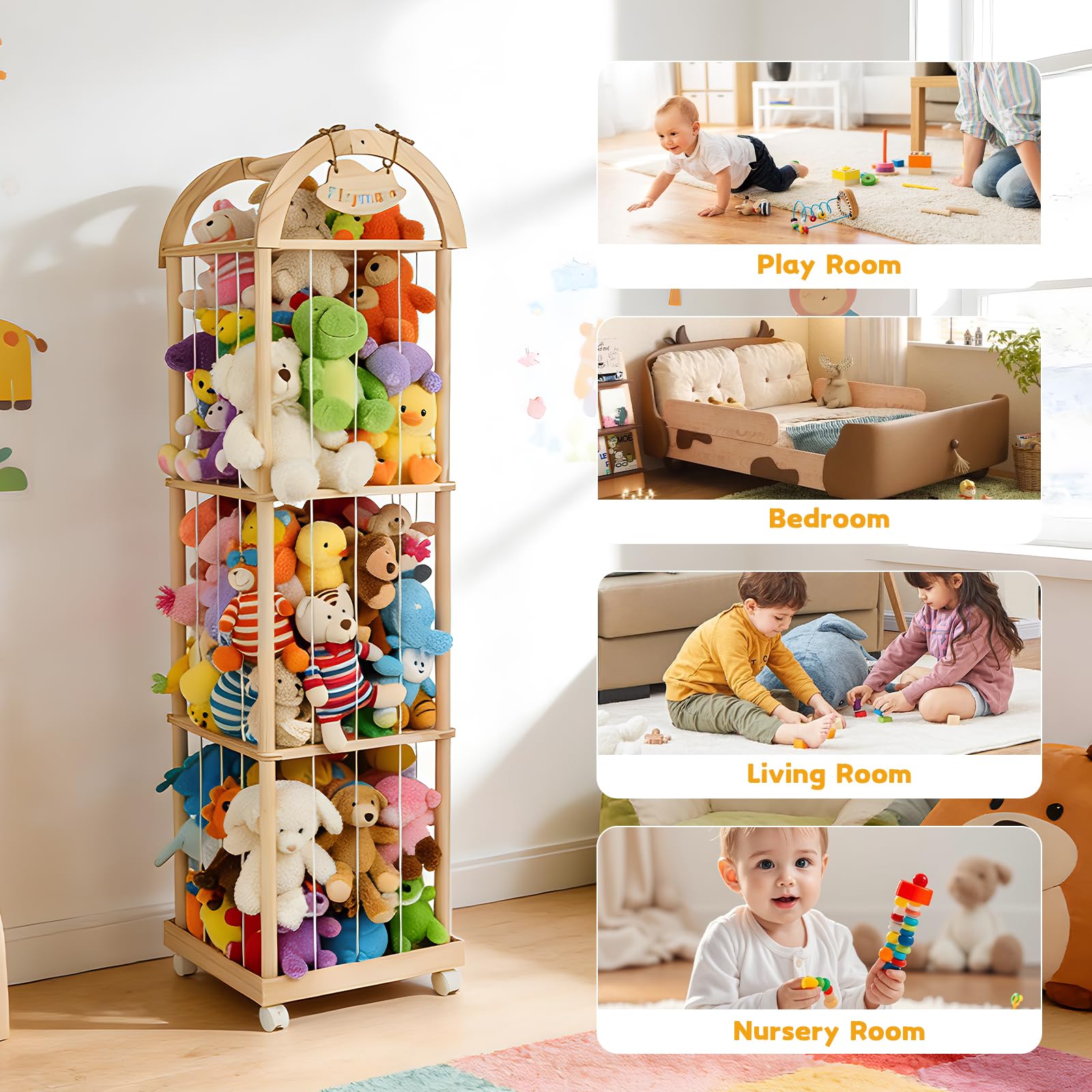 Holz Kuscheltier Aufbewahrung, Stofftier Aufbewahrung mit 360°Bremse-Ausgestattete Räder, 150 * 40 * 40cm Plüschtier Spielzeug Organizer für Kinderzimmer, Wohnzimmer und Schlafzimmer