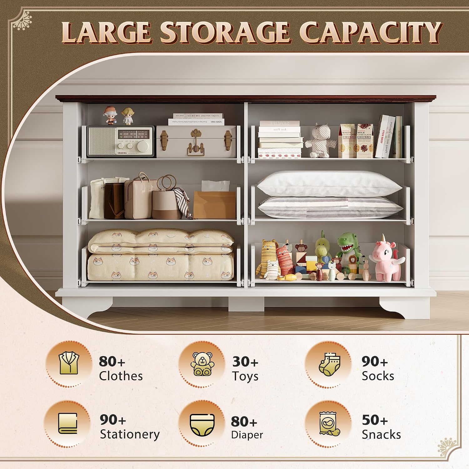 The dresser with drawers open, revealing organized storage for various items like clothes, toys, and blankets, demonstrating its large storage capacity.
