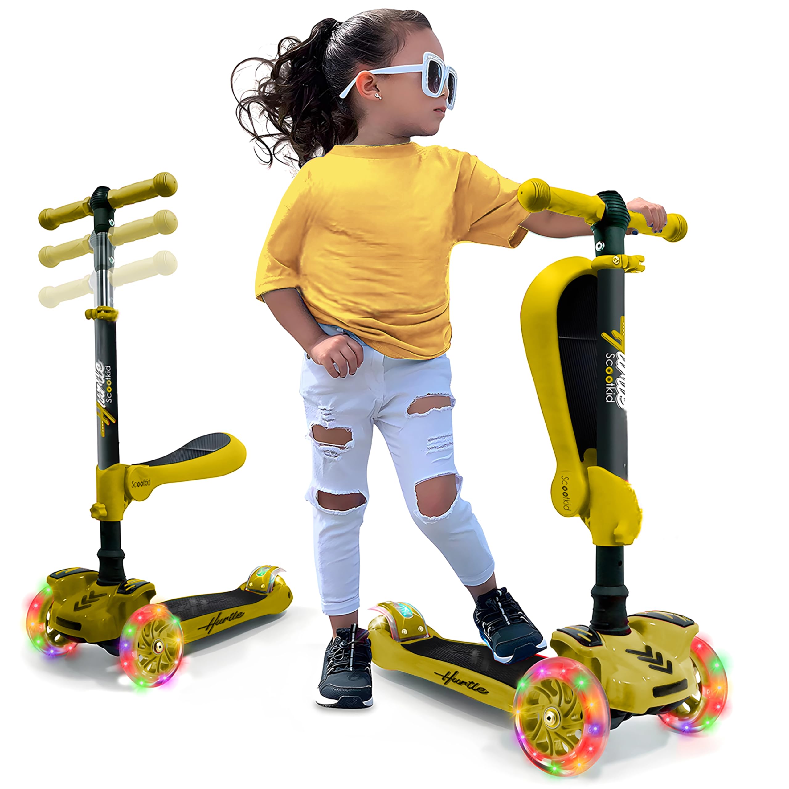 Hurtle Monopattino Bambino, Monopattino Bambina, Monopattino a 3 Ruote, Regolabile in Altezza con Sedile Pieghevole, Scooter per Bambini e Bambine con Ruote LED Multicolore, Dai 1 ai 14 Anni