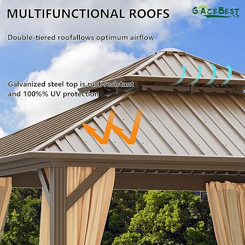 Miniatura 5 de GAZEBEST Gazebo permanente de 10 x 13 pies, toldo de pérgola de doble techo de policarbonato para exteriores con marco de aluminio y cortinas de