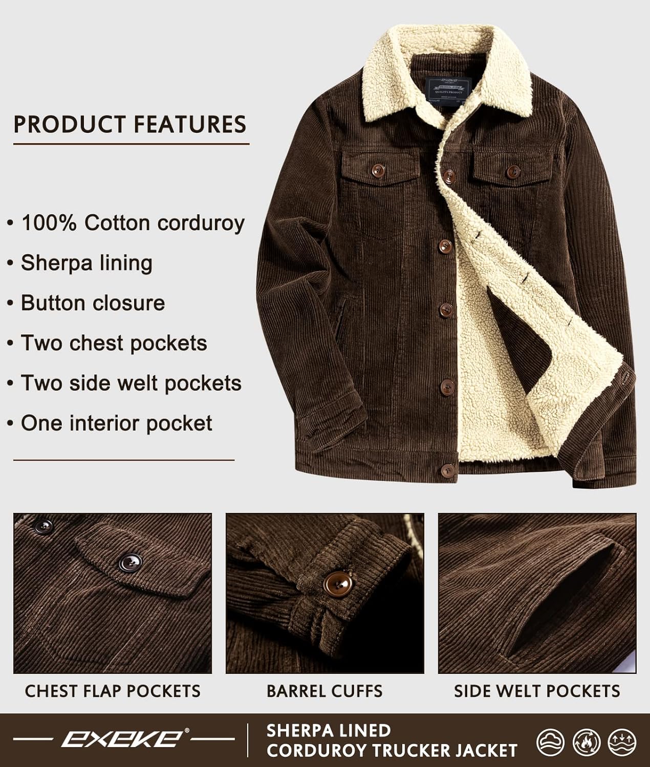 EXEKE Men's Corduroy Jacket Sherpa Lined Trucker Jacket Thickened Thermal Winter Jacket - Image 5