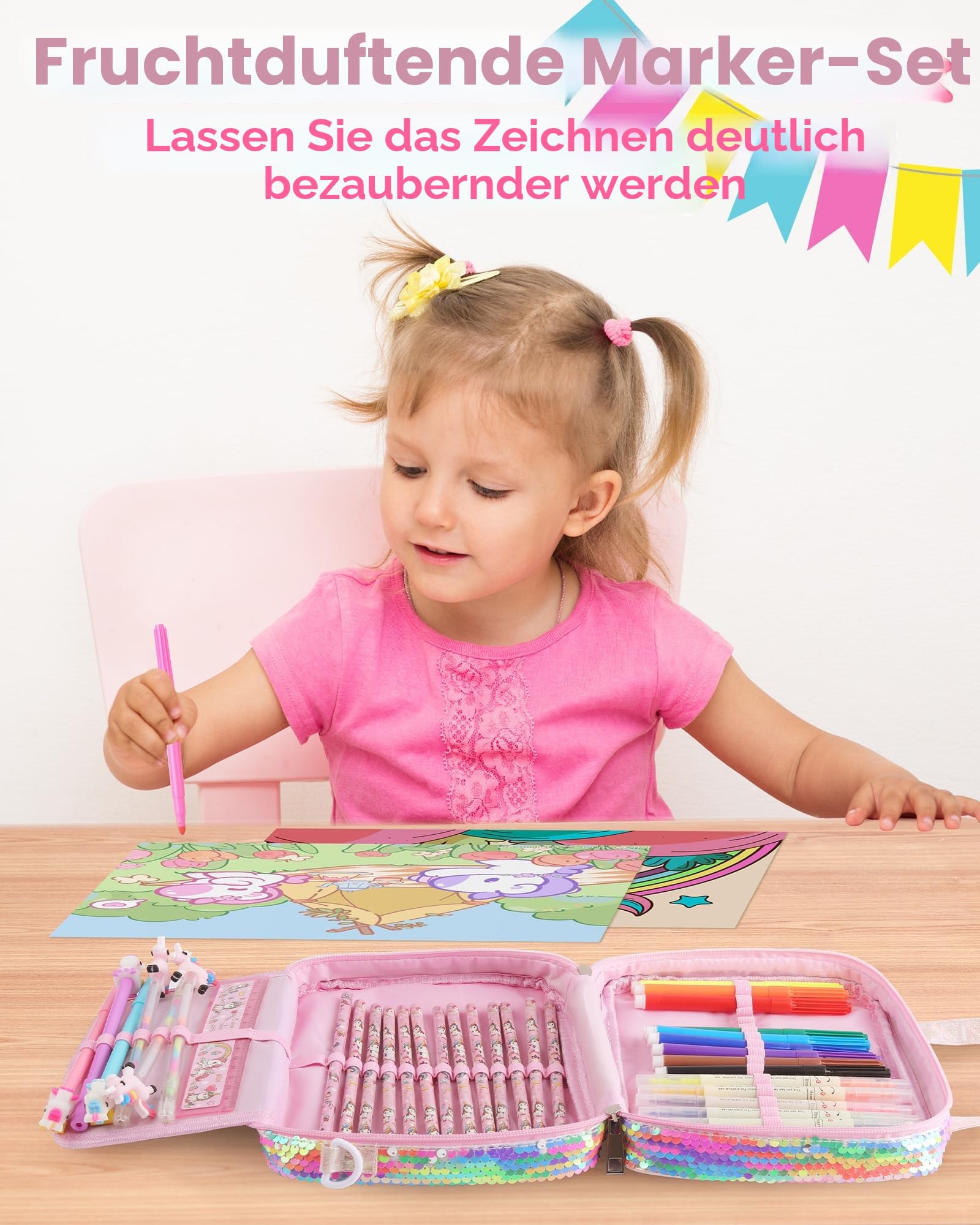 D-FantiX Einhorn Geschenke für Mädchen 4 5 6 7 8-12 Jahre, Malstifte Filzstifte Malset, Buntstifte Set Handtasche Spielzeug für Kinder, Stifte Zeichenset Geschenk Kinder