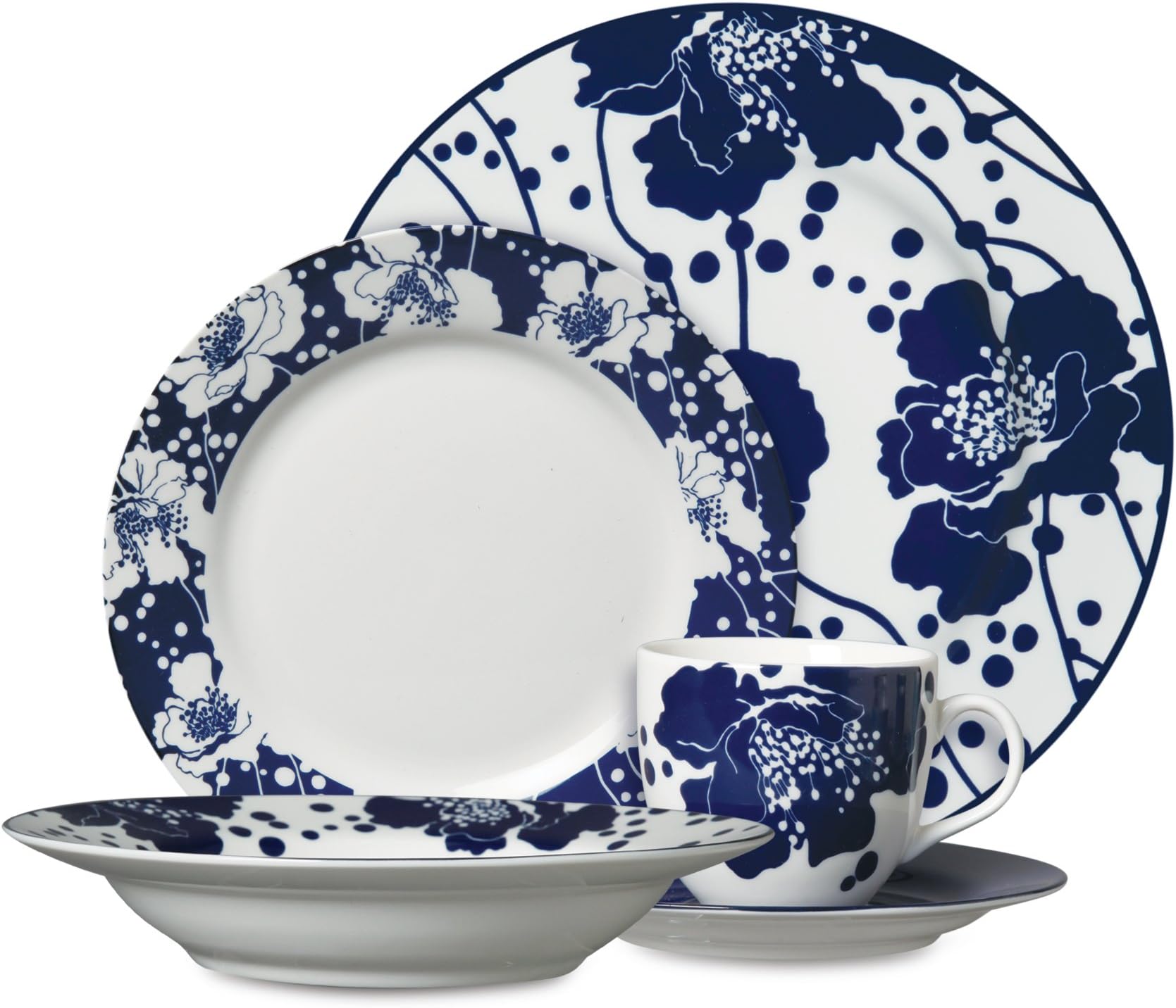 Spotted Floral 5-Piece White/Glaze/Fine Ceramic Dinnerware Set, Navy