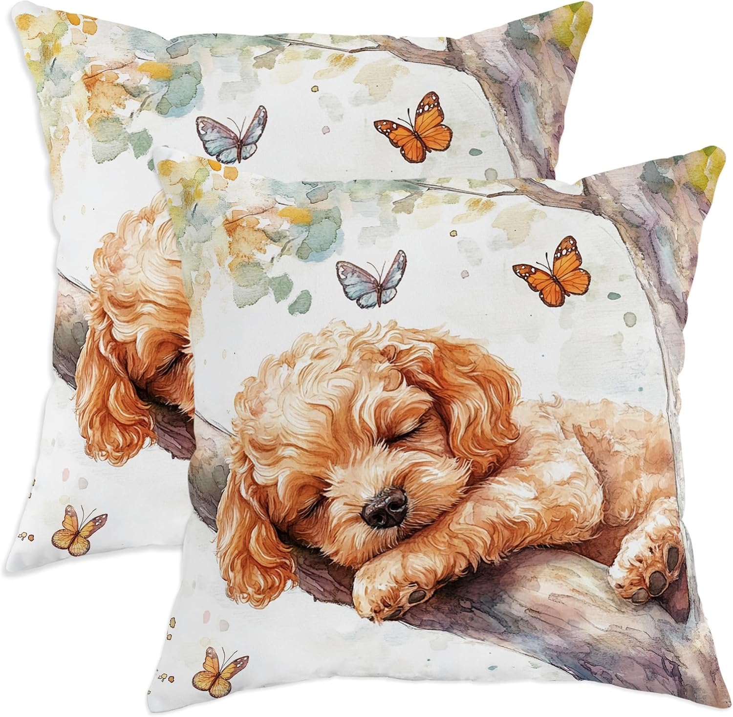 Spring Cockapoo Dog Throw Pillow Covers 14x14 Set of 2, Soft Comfy Cute Funny Tree Pillow Cases Kit, Pet Velvet Home Decorative for Couch Sofa Living Room Bed