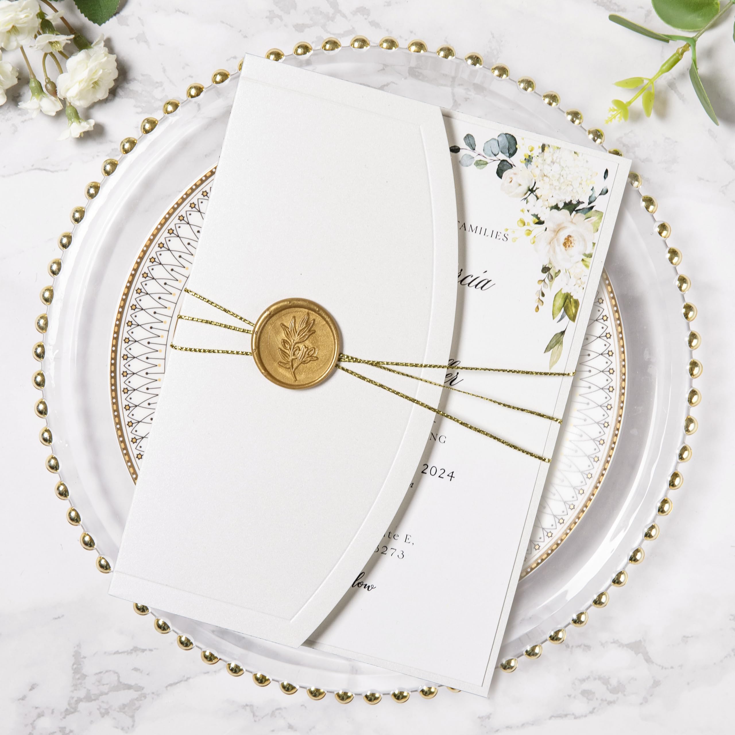ponatia 20PCS Wedding Invitation Cards Kits - 5x7 Ivory Wrap Pocket Invitation Cards with Envelopes, Gold Wax Seals, Ribbons For Weddings, Baby Shower, Birthday, XV Anos, Quinceanera Invitation