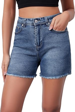 Metietila Casual Jean Shorts for Women High Rise Frayed Raw Hem Stretchy Denim Shorts