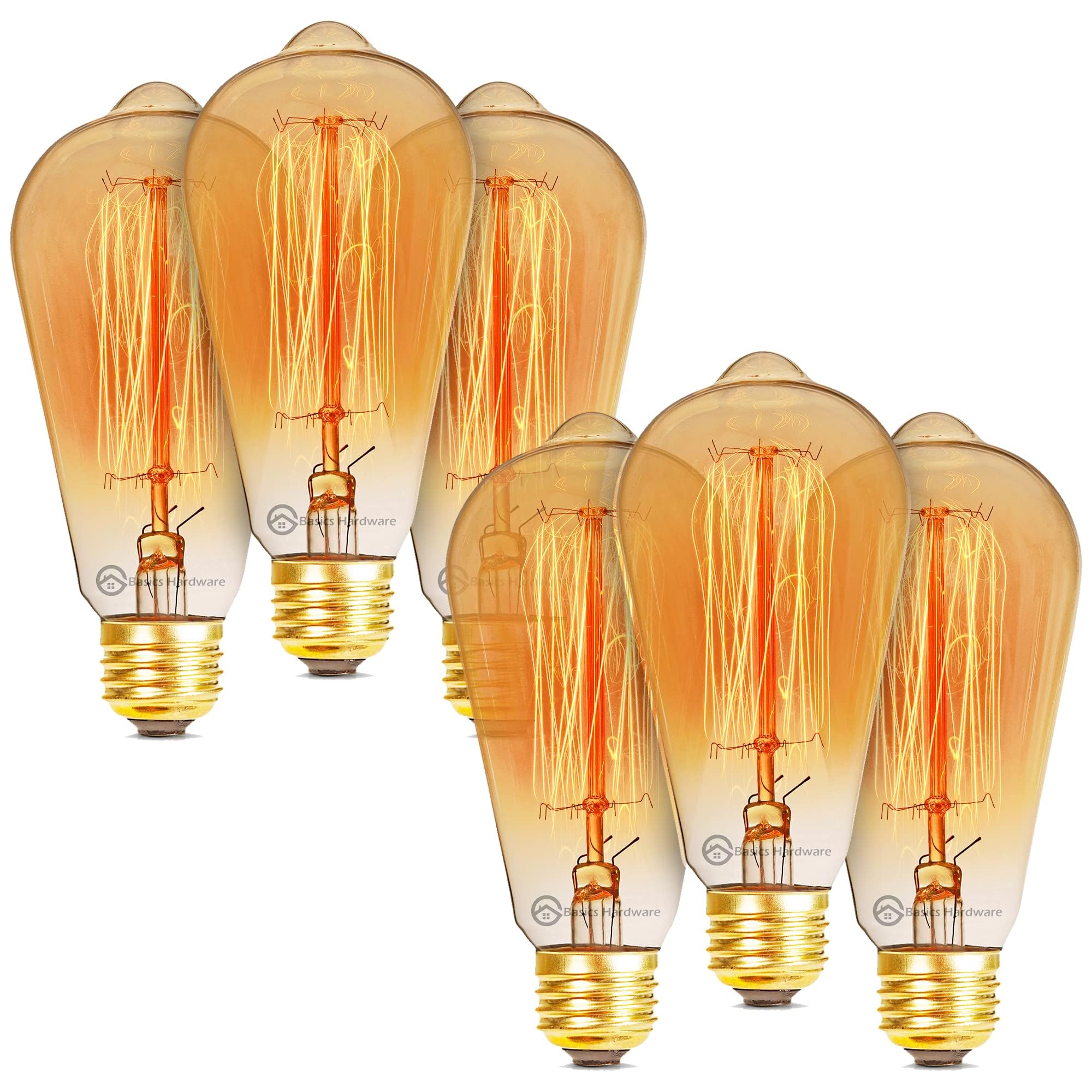 6-Pack Edison Light Bulb, Antique Vintage Style Light, Amber Warm, Dimmable (60w/110v)