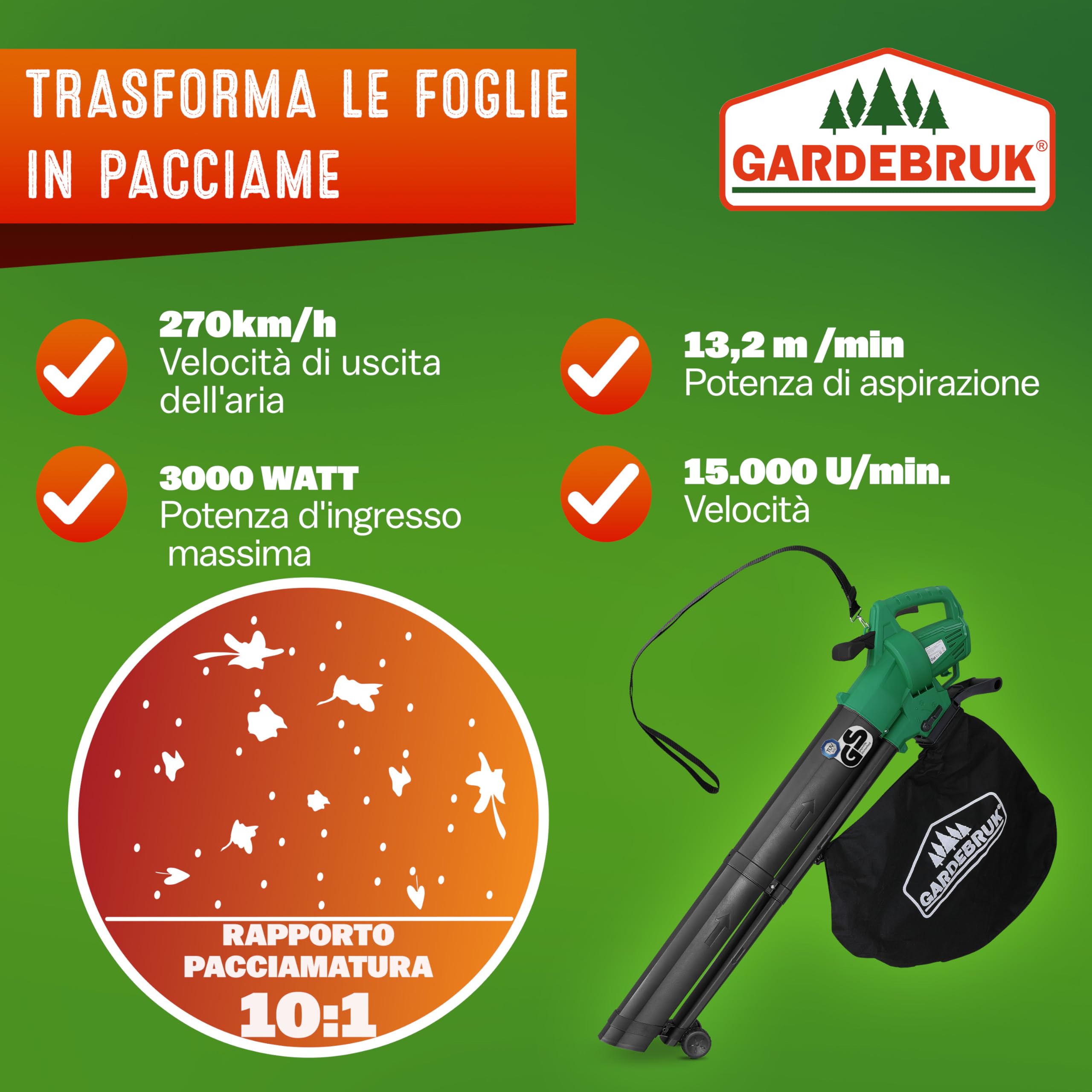 GARDEBRUK® Soffiatore Foglie Aspiratore Trituratore Elettrico 3in1 3000W Tracolla Ruote Sacca 45L Soffia Foglie Giardino Aspirafoglie Aspira Fogliame
